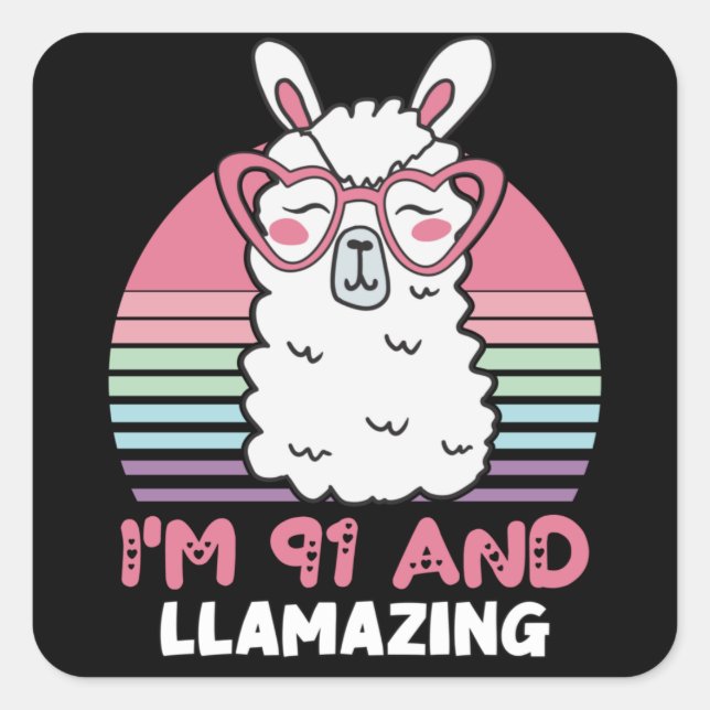 Funny Adorable Llama 91st Birthday Gift For Women Square Sticker (Front)