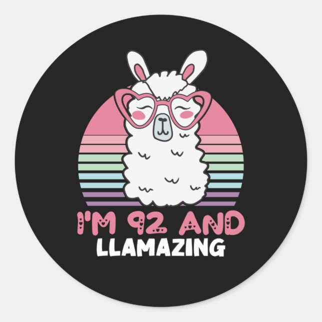 Funny Adorable Llama 92nd Birthday Gift For Women Classic Round Sticker (Front)
