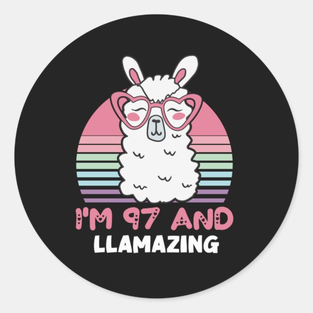 Funny Adorable Llama 97th Birthday Gift For Women Classic Round Sticker (Front)