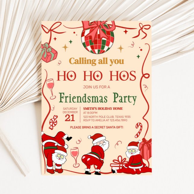 Funny Adult Santa Hos Friendsmas Christmas Party Invitation (Funny Adult Santa Friendsmas Christmas Party Invitation)