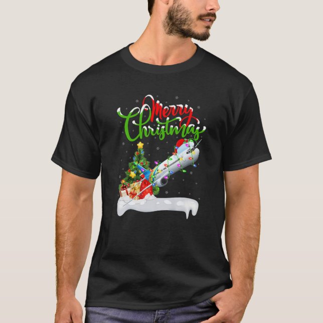 Funny Aeroplane Lover Xmas Lighting Santa Aeroplan T-Shirt (Front)