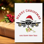 Funny Aeroplane Santa hat & Elf Custom Xmas Photo Holiday Card<br><div class="desc">This fun design features an aeroplane topped with a red Santa hat and a cute Elf jumping out and hanging onto a string of Christmas lights. The back of card has a heartfelt message and photo "Merry Christmas and Happy New Year" "Love, family names". Card can be customised with a...</div>