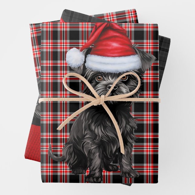 Funny Affenpinscher Christmas Dog Holiday Plaid Wrapping Paper Sheet (In situ)