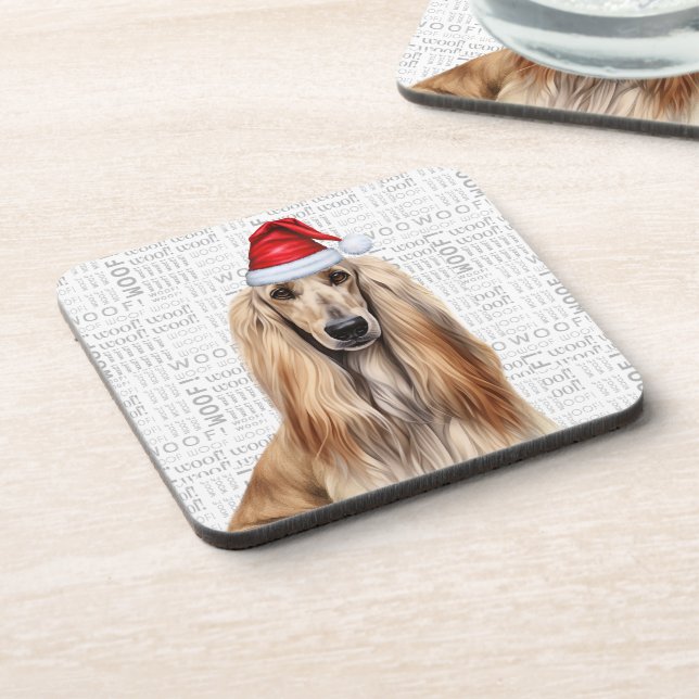 Funny Afghan Hound Dog Woof Word Art Holiday Coaster (Left Side)