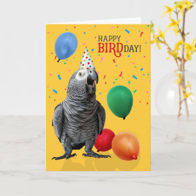 Funny African Grey Parrot Birthday Humour Card (Yellow Flower)