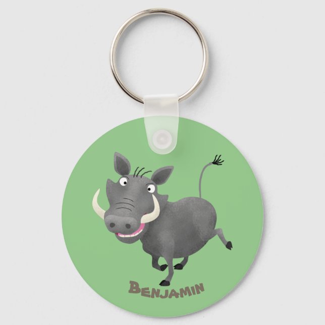 Funny african warthog pig cartoon illustration key ring (Front)