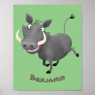 Funny african warthog pig cartoon illustration poster