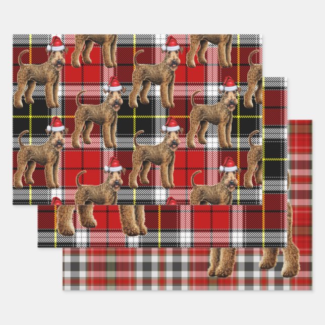 Funny Airedale Terrier Christmas Dog Holiday Plaid Wrapping Paper Sheet (Set)