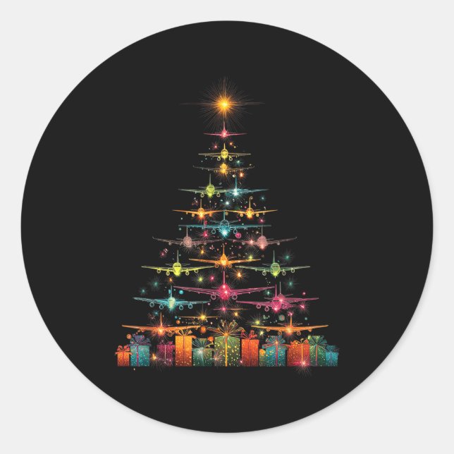 Funny Airplanes Christmas Tree Graphic Air Planes  Classic Round Sticker (Front)