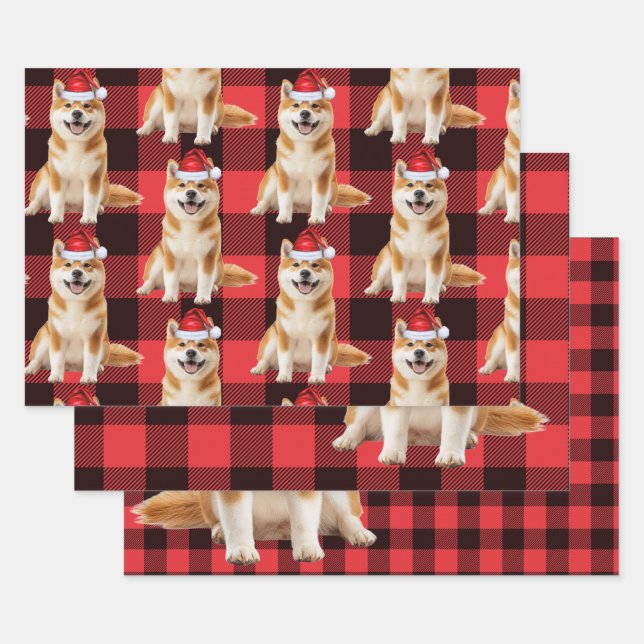Funny Akita Christmas Dog Buffalo Plaid Wrapping Paper Sheet (Set)