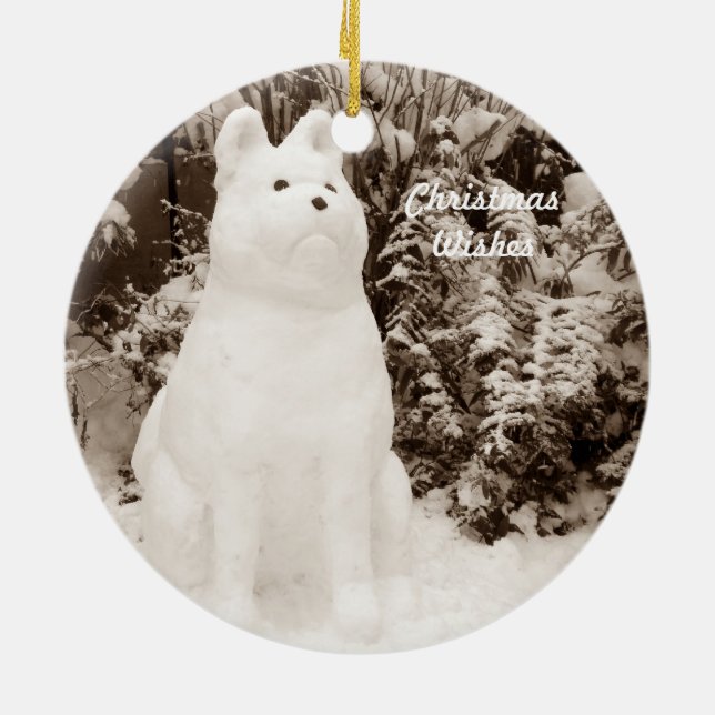 funny akita snow dog snow scene seasonal ceramic tree decoration (Back)
