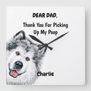 Funny Alaskan Malamute Dad Watercolor Canine Art Square Wall Clock