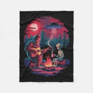 Funny Alien And Bigfoot Campfire Moon Ufo Adventur Fleece Blanket