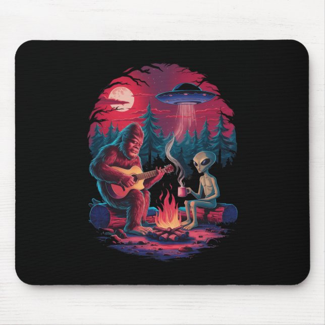 Funny Alien And Bigfoot Campfire Moon Ufo Adventur Mouse Mat (Front)