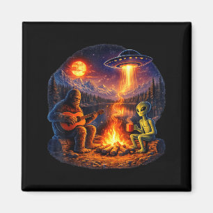 Funny Alien and Bigfoot Campfire Moon UFO Magnet