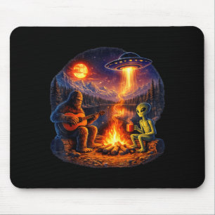 Funny Alien and Bigfoot Campfire Moon UFO Mouse Mat