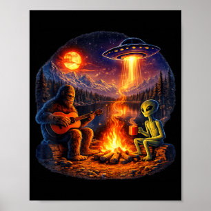 Funny Alien and Bigfoot Campfire Moon UFO Poster