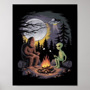 Funny Alien And Bigfoot Hiking Moon Sasquatch Ufo  Poster