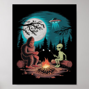 Funny Alien And Bigfoot Hiking Moon Sasquatch Ufo Poster
