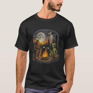 Funny Alien and Bigfoot Hiking Moon Sasquatch UFO T-Shirt