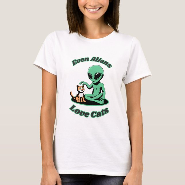 Funny Alien and Funny Cat. Funny Animal T-Shirt (Front)