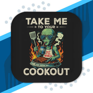 Funny Alien BBQ Cookout Retro UFO Space Grilling Paper Plate