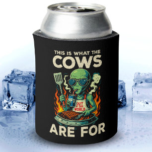 Funny Alien BBQ Grill Cow Abduction Joke Retro UFO Can Cooler