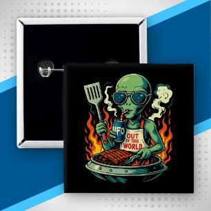 Funny Alien BBQ Illustration Retro Sci Fi Grilling 15 Cm Square Badge