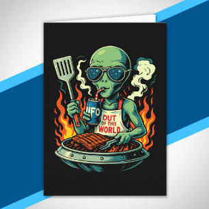 Funny Alien BBQ Illustration Retro Sci Fi Grilling Card