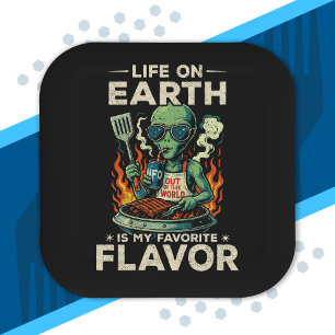 Funny Alien BBQ Illustration Retro Sci Fi Grilling Paper Plate