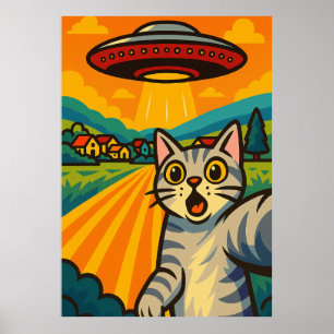 Funny Alien Cat UFO Abduction Cat Retro Pop Art Poster