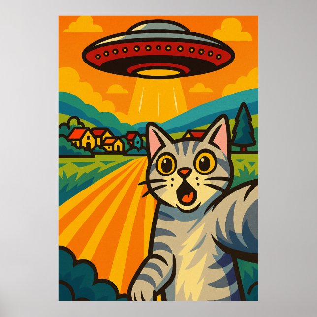 Funny Alien Cat UFO Abduction Cat Retro Pop Art Poster (Front)