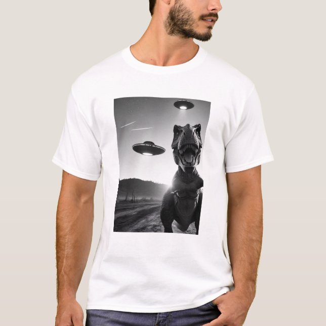 Funny Alien Dinosaur UFO Dinosaur Selfie with UFOs T-Shirt (Front)