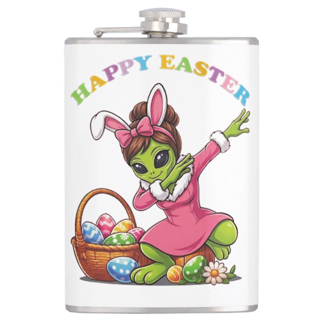 Funny Alien Easter Bunny Dabbing Cute Easter Egg Hip Flask (Front)