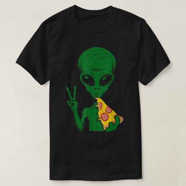 Funny Alien Eating Pizza Design T-Shirt (Design Front)