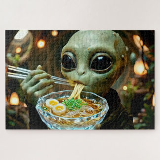 Funny Alien eating Ramen Noodles Monogrammed Jigsaw Puzzle