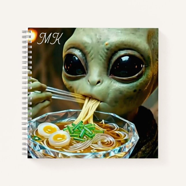 Funny Alien eating Ramen Noodles Monogrammed Notebook (Front)