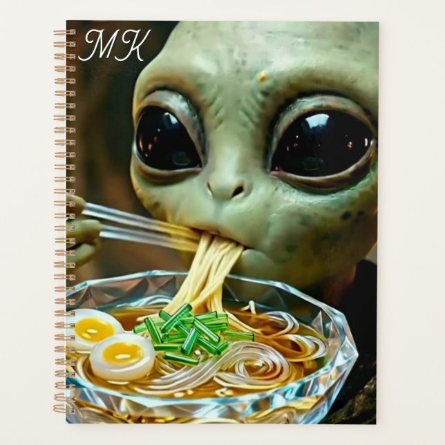 Funny Alien eating Ramen Noodles Monogrammed Planner (Front)