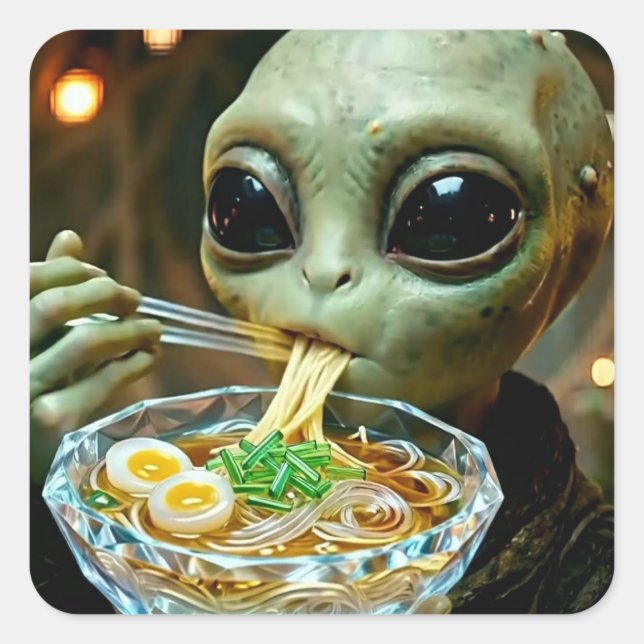 Funny Alien eating Ramen Noodles Square Sticker (Front)