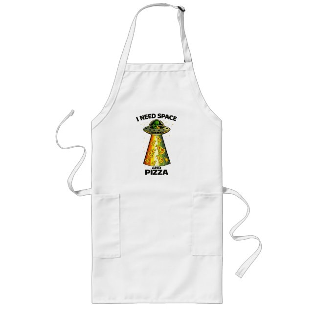 Funny Alien Head Eating Pizza UFO Extraterrestrial Long Apron (Front)