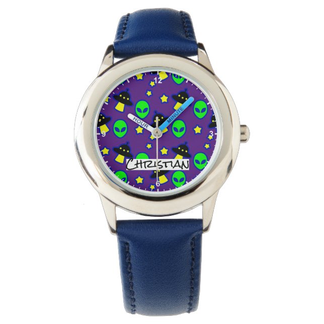 Funny Alien Head UFO Stars Pattern Comic Name Text Watch (Front)