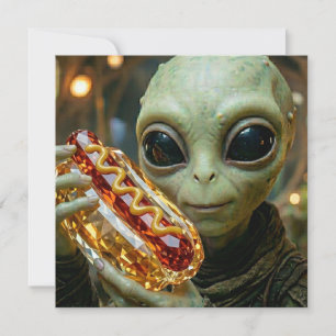 Funny Alien Holding a Crystalline Hotdog Card