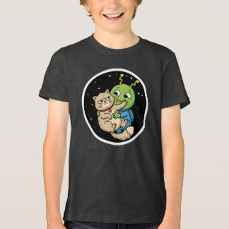 Funny Alien Hugging Grumpy Cat Space Cartoon Tri-Blend Shirt