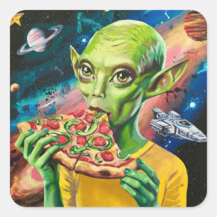 Funny Alien in Space Eating Pizza Square Sticker