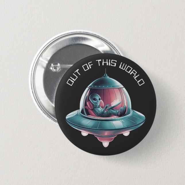 Funny Alien in UFO 6 Cm Round Badge (Front & Back)
