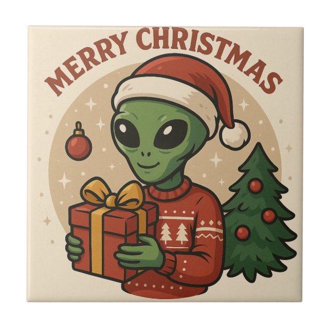 Funny Alien Merry Christmas Tile (Front)