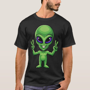 Funny Alien Peace Symbol Smiling Humour Cute UFO T-Shirt