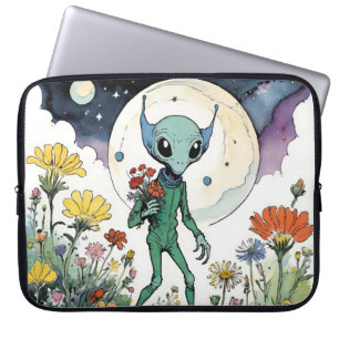 Funny Alien Picking Flowers With Full Moon Laptop Sleeve