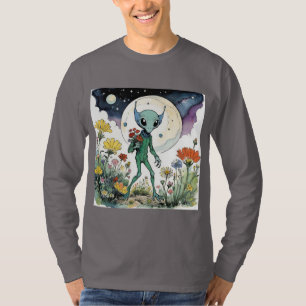 Funny Alien Picking Flowers With Full Moon T-Shirt