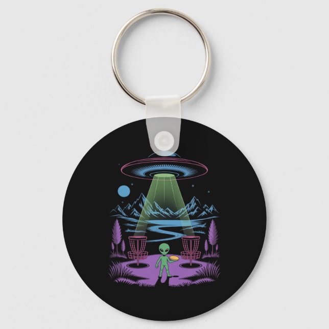 Funny Alien Playing Frisbee Cool Ufo Disc Golf  Key Ring (Front)